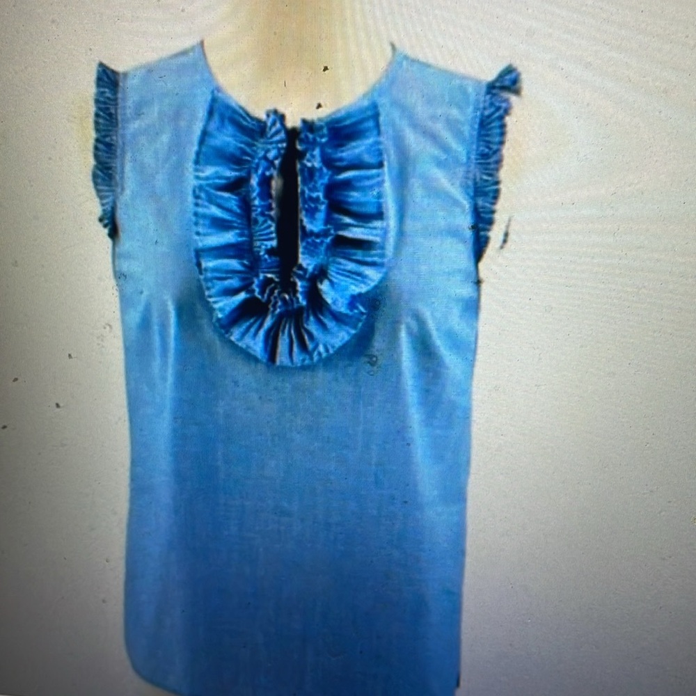 J. CREW Ruffle Front Shoulder 100% Cotton Blue Sleeveless Top 8